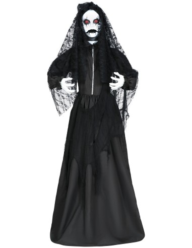 Decorazione Halloween governante horror parlante nera con velo, effetti luce suoni movimento animatronici