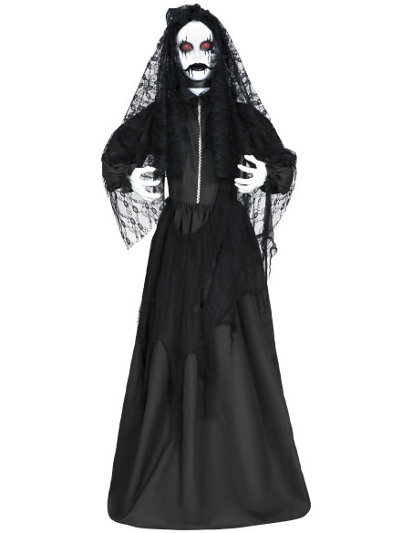Decorazione Halloween governante horror parlante nera con velo, effetti luce suoni movimento animatronici