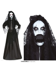 Decorazione Halloween governante horror parlante nera con velo, effetti luce suoni movimento animatronici 2