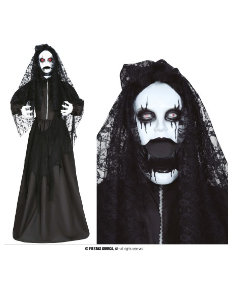 Decorazione Halloween governante horror parlante nera con velo, effetti luce suoni movimento animatronici