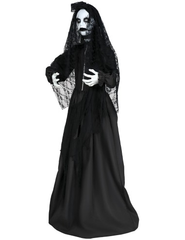 Decorazione Halloween governante horror parlante nera con velo, effetti luce suoni movimento animatronici