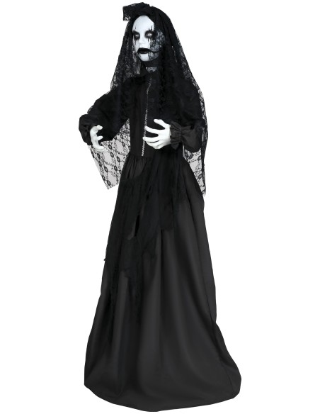 Decorazione Halloween governante horror parlante nera con velo, effetti luce suoni movimento animatronici
