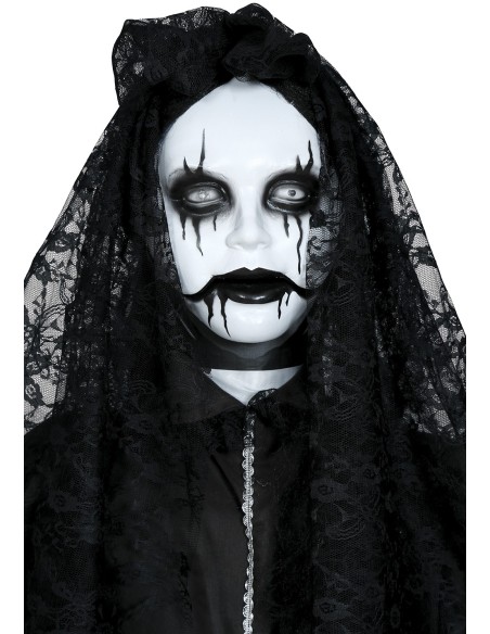 Decorazione Halloween governante horror parlante nera con velo, effetti luce suoni movimento animatronici