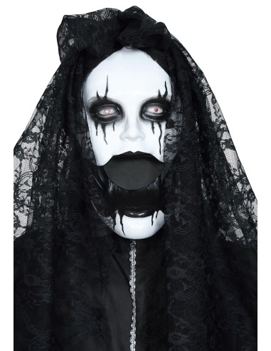Decorazione Halloween governante horror parlante nera con velo, effetti luce suoni movimento animatronici