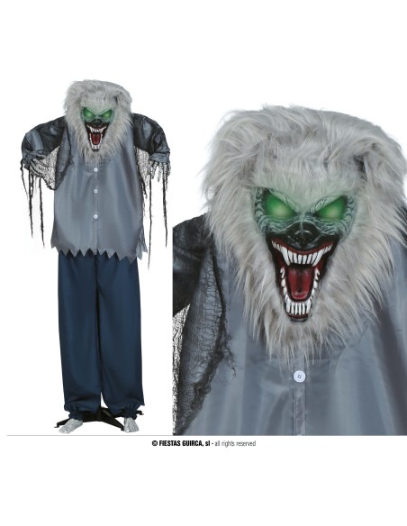 Lupo mannaro animato 210cm con maschera spaventosa, camicia strappata e pantaloni per decorazioni Halloween