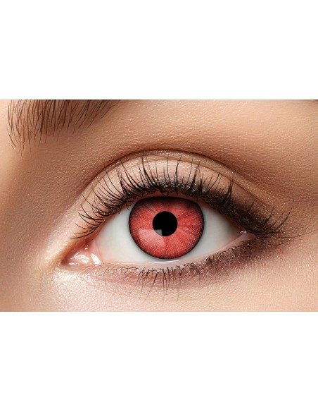 Lenti a contatto rosse elettriche Electro Red su occhio femminile per costume Halloween horror
