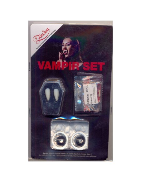 Set trucco vampiro con denti finti, sangue artificiale e lenti colorate per Halloween