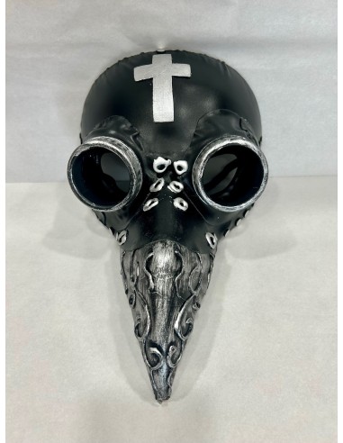 Maschera peste gotica nera con becco lungo, occhiali tondi e croce bianca per Halloween horror