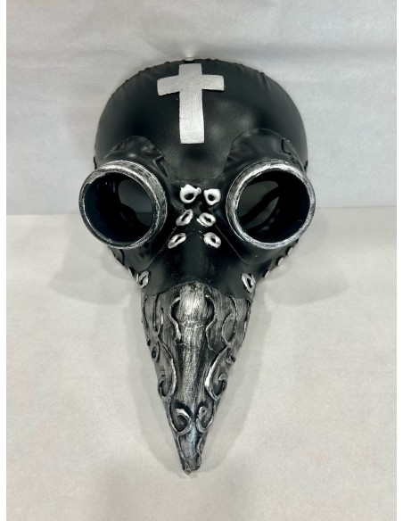 Maschera peste gotica nera con becco lungo, occhiali tondi e croce bianca per Halloween horror