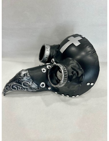 Maschera peste gotica nera con becco lungo, occhiali tondi e croce bianca per Halloween horror