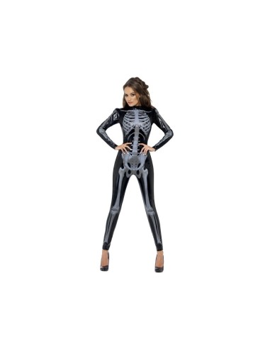 Costume tuta scheletro nera aderente con stampa ossa grigie per Halloween donna