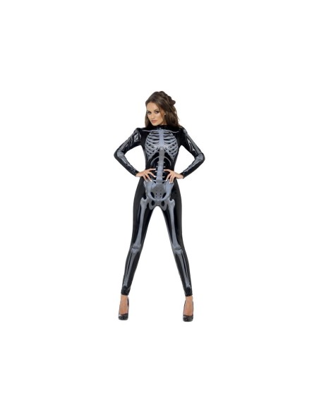 Costume tuta scheletro nera aderente con stampa ossa grigie per Halloween donna