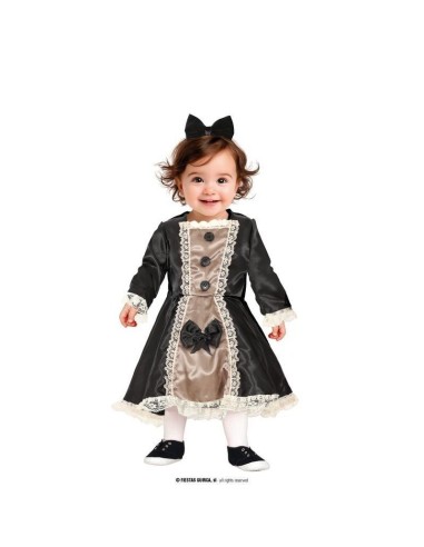 Costume bambola nero con pizzo beige e fiocco per bambina Halloween 12-18 mesi