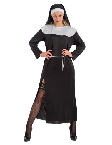 Costume da suora nero con abito lungo, colletto bianco e cappuccio per Halloween e feste a tema