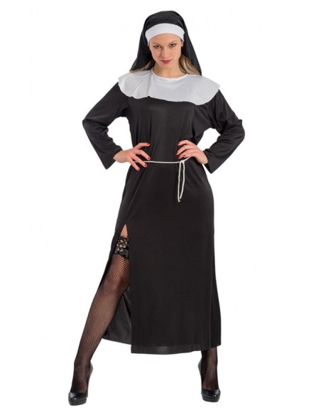 Costume da suora nero con abito lungo, colletto bianco e cappuccio per Halloween e feste a tema