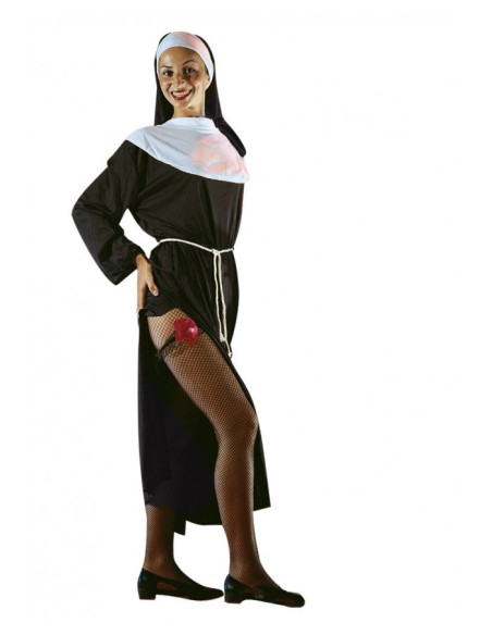 Costume da suora nero con abito lungo, colletto bianco e cappuccio per Halloween e feste a tema