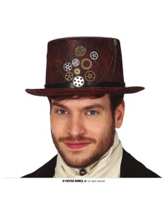 Cappello steampunk marrone simil pelle con ingranaggi dorati e decorazioni metalliche per costume vintage
