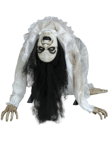 Decorazione Halloween donna posseduta animatronic con capelli neri veste bianca luci suoni movimento 140cm