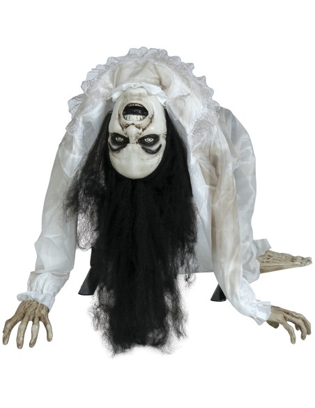 Decorazione Halloween donna posseduta animatronic con capelli neri veste bianca luci suoni movimento 140cm