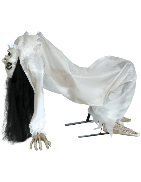 Decorazione Halloween donna posseduta animatronic con capelli neri veste bianca luci suoni movimento 140cm