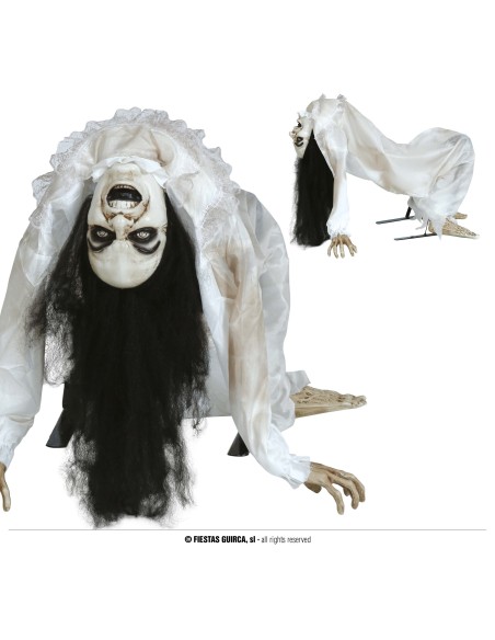 Decorazione Halloween donna posseduta animatronic con capelli neri veste bianca luci suoni movimento 140cm