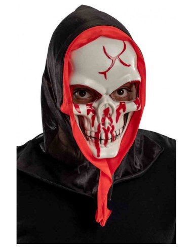 Maschera teschio bianco insanguinato con cappuccio nero per costume Halloween horror spaventoso