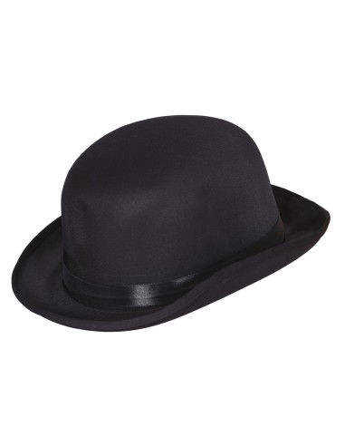 Bombetta nera in raso indossata, cappello classico vittoriano per costumi eleganti e look retrò vintage