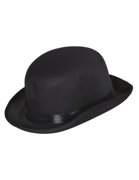 Bombetta nera in raso indossata, cappello classico vittoriano per costumi eleganti e look retrò vintage