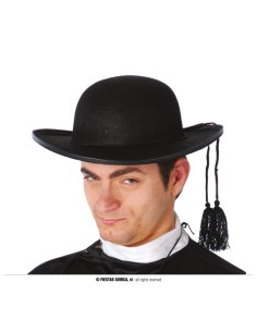 Cappello da prete nero in feltro con fiocchi laterali per costume ecclesiastico