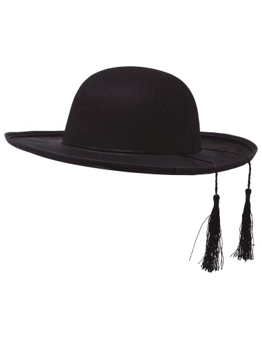 Cappello da prete nero in feltro con fiocchi laterali per costume ecclesiastico