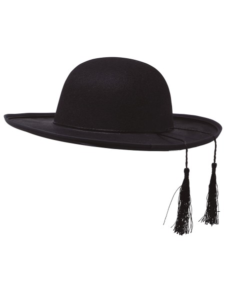 Cappello da prete nero in feltro con fiocchi laterali per costume ecclesiastico