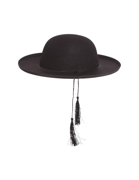 Cappello da prete nero in feltro con fiocchi laterali per costume ecclesiastico