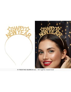 Cerchietto dorato Happy New Year indossato da ragazza per festa Capodanno
