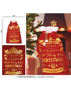 Sacco regalo natalizio rosso con decorazioni dorate Merry Christmas e laccio bianco 60x95cm
