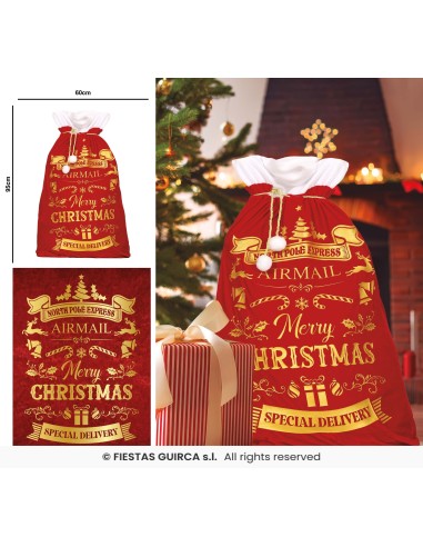 Sacco regalo natalizio rosso con decorazioni dorate Merry Christmas e laccio bianco 60x95cm