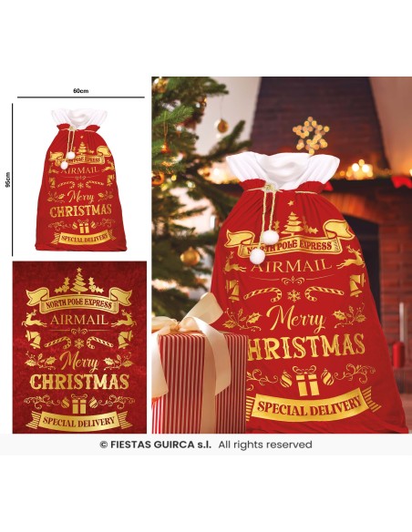 Sacco regalo natalizio rosso con decorazioni dorate Merry Christmas e laccio bianco 60x95cm