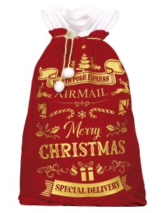 Sacco regalo natalizio rosso con decorazioni dorate Merry Christmas e laccio bianco 60x95cm 2