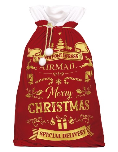 Sacco regalo natalizio rosso con decorazioni dorate Merry Christmas e laccio bianco 60x95cm