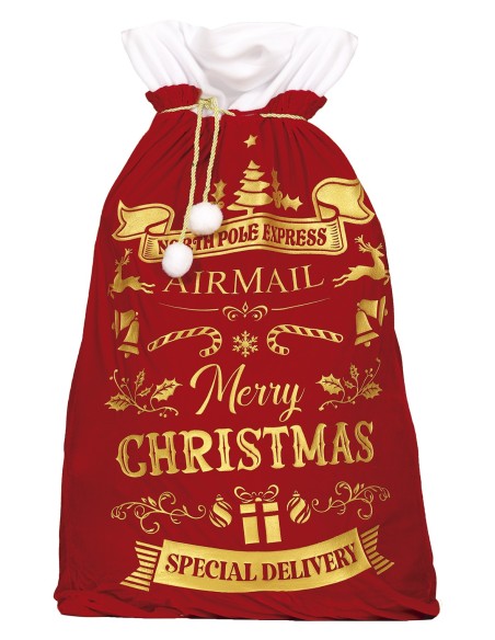 Sacco regalo natalizio rosso con decorazioni dorate Merry Christmas e laccio bianco 60x95cm