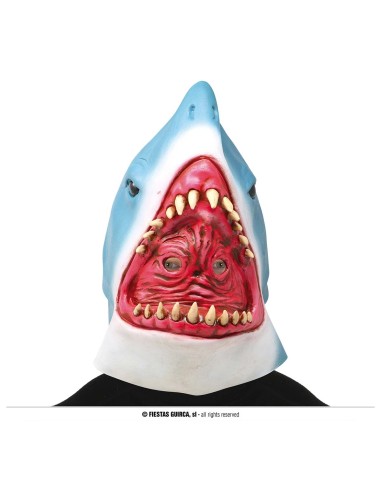 Maschera squalo in lattice blu e bianca con bocca aperta e denti gialli per costume Halloween horror