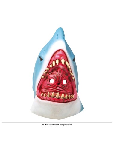 Maschera squalo in lattice blu e bianca con bocca aperta e denti gialli per costume Halloween horror