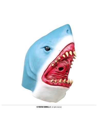 Maschera squalo in lattice blu e bianca con bocca aperta e denti gialli per costume Halloween horror