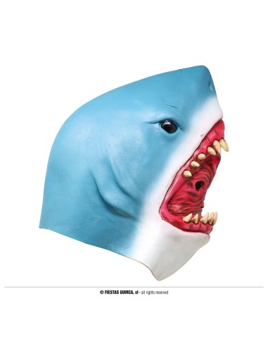 Maschera squalo in lattice blu e bianca con bocca aperta e denti gialli per costume Halloween horror