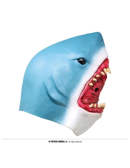 Maschera squalo in lattice blu e bianca con bocca aperta e denti gialli per costume Halloween horror