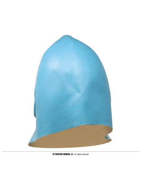 Maschera squalo in lattice blu e bianca con bocca aperta e denti gialli per costume Halloween horror