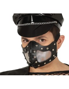 Maschera sadomaso nera in similpelle con borchie metalliche e fascetta trasparente per costume adulti