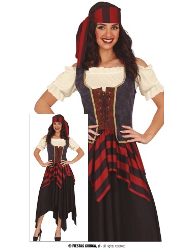 Costume pirata donna con corsetto marrone, gonna rossa nera e bandana per feste in maschera