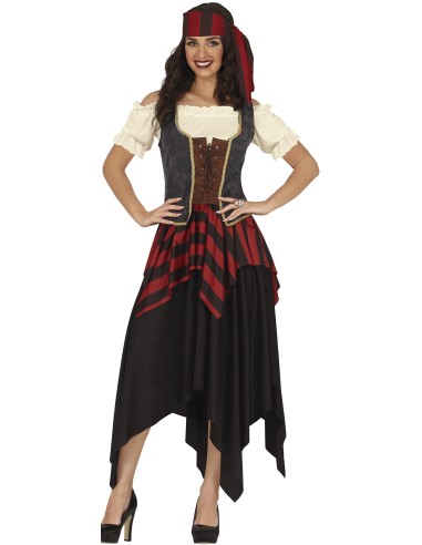 Costume pirata donna con corsetto marrone, gonna rossa nera e bandana per feste in maschera