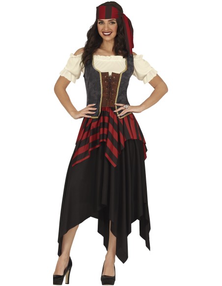 Costume pirata donna con corsetto marrone, gonna rossa nera e bandana per feste in maschera