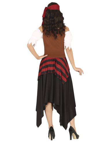 Costume pirata donna con corsetto marrone, gonna rossa nera e bandana per feste in maschera